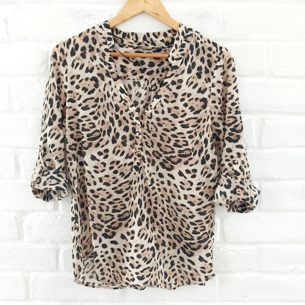 Zara Leopard Print Tunic Womens Small Popover Top Roll Tab Sleeve Shirt Blouse,